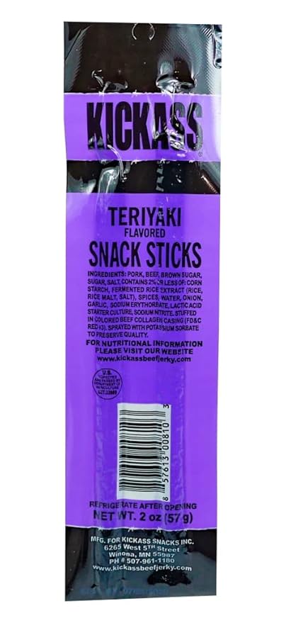 Kickass Teriyaki Meat Sticks 16ct Case - 2oz Twin Packs of Pork and Beef Jerky Snack Sticks - Beef Stick Meat Snacks - Jerky Sticks