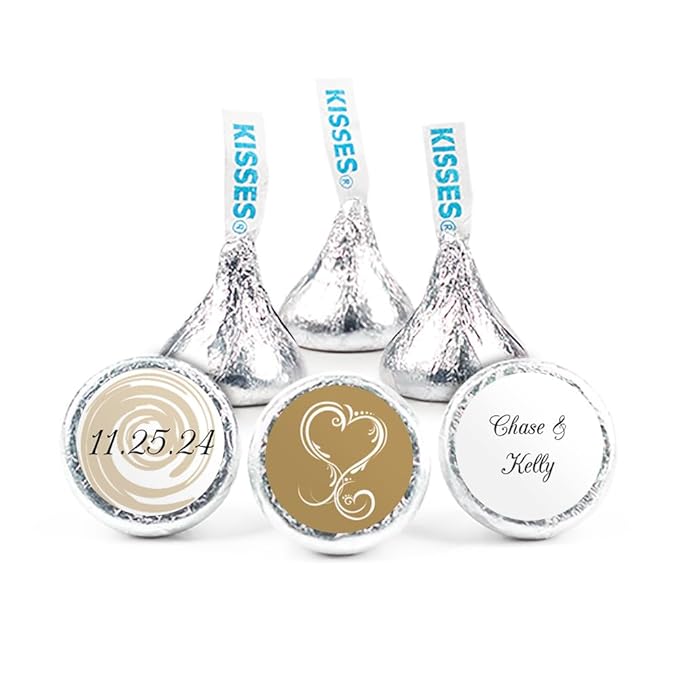 Personalized Wedding Favors Kisses and Swirl Heart Stickers 3.75lbs (Approx 375 Kisses) - Gold