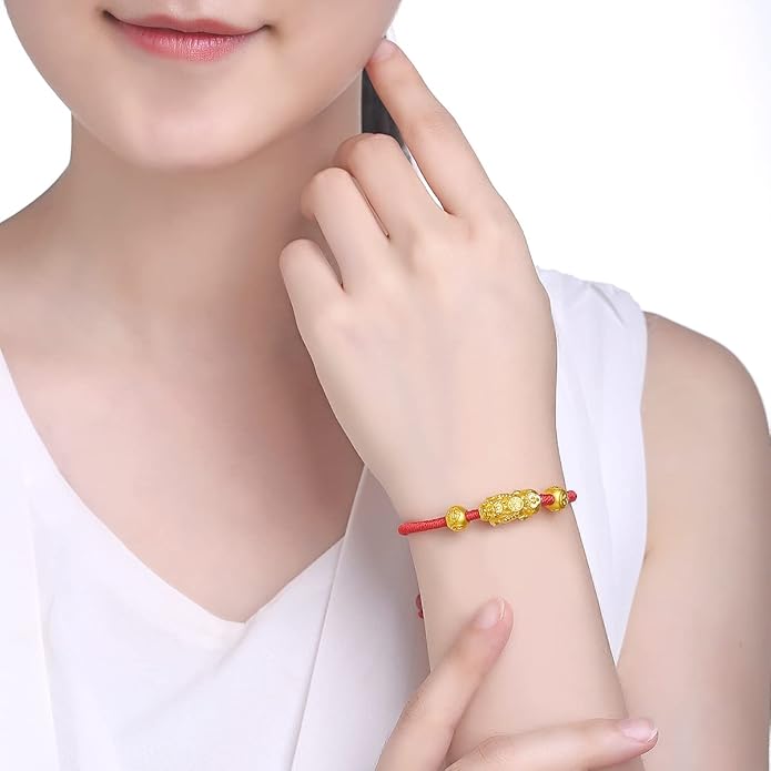 24K Solid Gold Bracelet for Women Real Pure Gold Jewelry Dainty Fortune Pixiu Ball Dragon Turtle Adjustable Red Black Braided Bracelet Her Men Mom