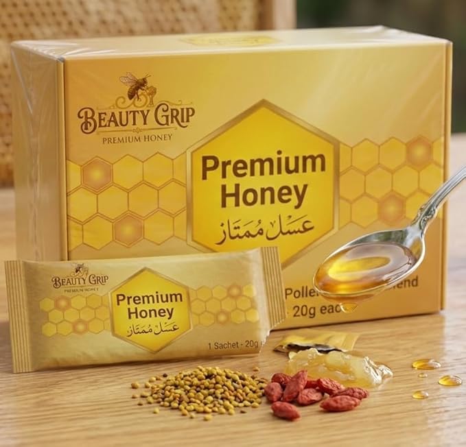 Royal Boost Honey Sachets Herbal Vitality &amp Energy Support Organic Honey with Bee Pollen &amp Herbal Blend Large Pack of 12 Sachets – Single Serve 20g Individually Sealed Honey Packs