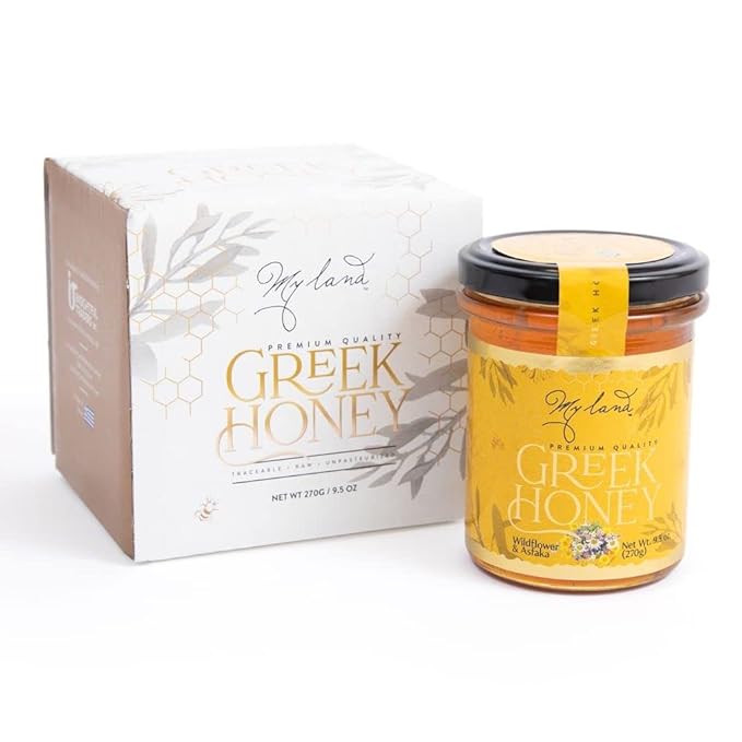 MY LAND Wildflower and Asfaka Greek Natural Raw Honey Unfiltered - 9.5 Ounce (Pack of 1)
