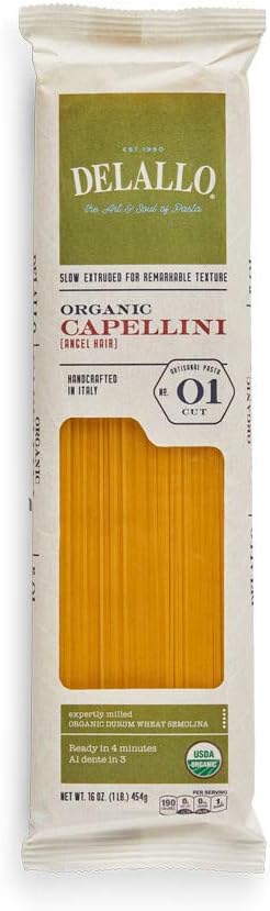 DeLallo Organic Capellini Pasta Made with Only 100% Semolina Durum Wheat Flour Bronze Cut Made in Italy Non-GMO Kosher Vegan Preservative Free 1 Pound Bag (16 Pack)