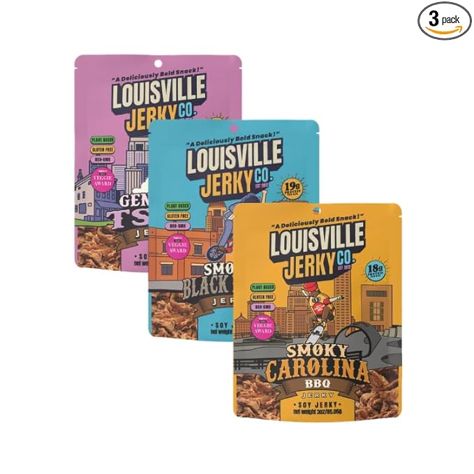 Louisville Jerky Co. Vegan Jerky Variety Pack Plant Based Protein Snack (3 Ounce 3-Pack) – Smoky Carolina BBQ Smoked Black Pepper General Tso