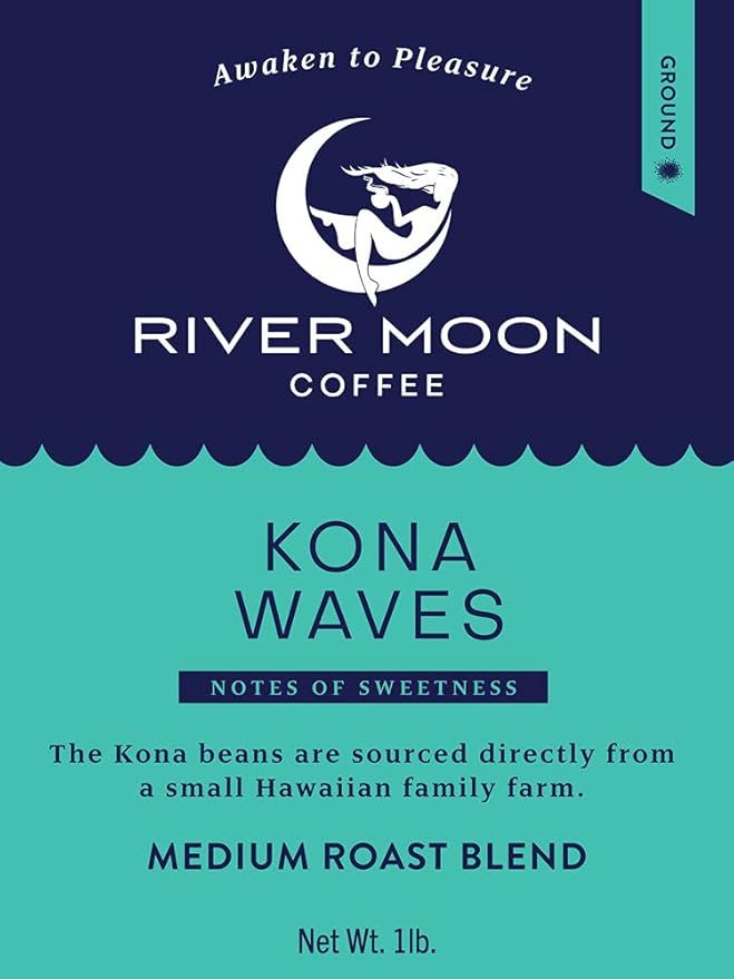 River Moon Coffee Kona Coffee Ground Medium Roast 16 Ounces Kona Waves Hawaiian Blend Sustainably Farmed 100% Arabica