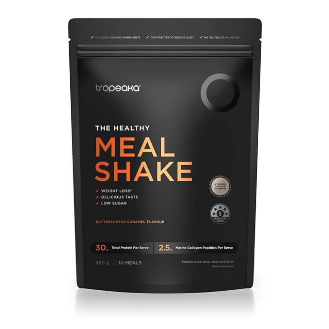 Tropeaka The Healthy Meal Shake - Butterscotch Caramel - Clean Meal Replacement Powder with 30g Protein Fiber Collagen Vitamins &amp Minerals - Gluten Free Dairy Free - 19.7oz (10 Servings)