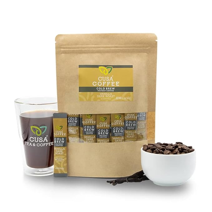 Cusa Tea &amp Coffee | Premium Instant Vanilla Dark Roast | Rainforest Alliance Certified Arabica Beans | Hot or Cold Brew Drink Mix Packets (30 Single Servings)