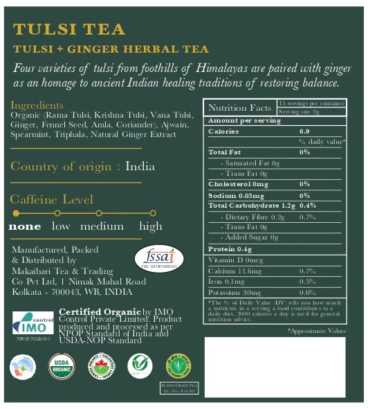 Luxmi Estates Organic Tulsi Tea 50 Tea Bags Caffeine Free Non-GM and Organic for Immunity Inflammation and Stress Relief