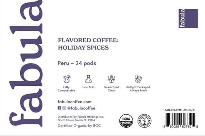 Fabula Organic Coffee Pods Holiday Spices Medium Roast - Low Acid - Single Origin - Mold Free - Non-GMO - Fair Trade - Only Compatible with Keurig K Cup 1.0 &amp 2.0 Brewers - 24 Count