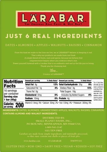 Larabar Apple Pie Gluten Free Vegan Fruit &amp Nut Bar 1.6 oz Bars 16 Ct