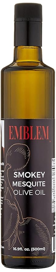 Emblem 100% Extra Virgin and Infused Olive Oil for Everyday Kitchen Use | Cold Extracted Cooking &amp Baking | Non GMO Keto Vegan Friendly 500ml (Smokey Mesquite)