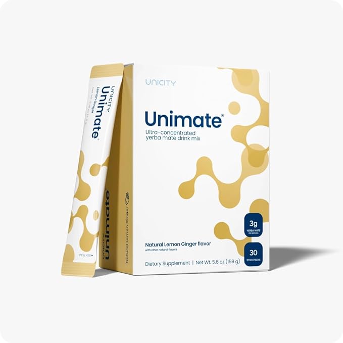 UNICITY UNIMATE LEMON GINGER STICK PACKS - Great Tasting - Ultra Concentrated Yerba Mate Drink Mix (30 Packets). Dietary Supplement. Healthy Alternative to Coffee and Energy Drinks (30-Day Supply)