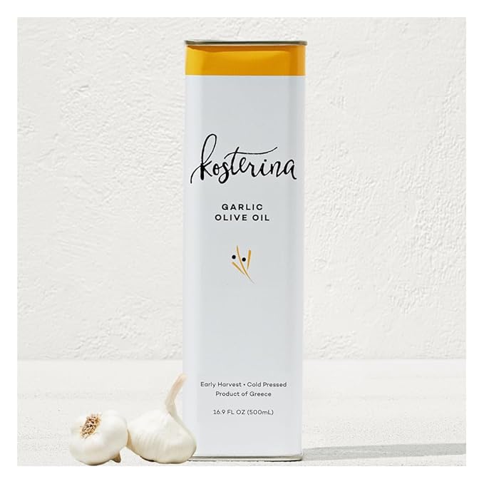Kosterina - Garlic Olive Oil Cold-Pressed EVOO 2022/23 Early Harvest Koroneiki Olives Authentic Mediterranean Flavors Incredible Superfood Smooth &amp Fresh Taste Tin | 16.9oz (500ml)