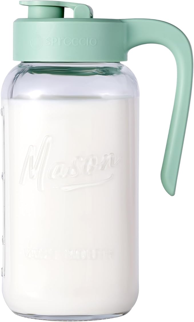Mason Jar Pitcher - Airtight &amp Leakproof Glass Pitcher with Lid Perfect for Breastmilk Cold Brew and Sun Tea 2 Quart (64 oz) Mason Jar with Pour Spout Lid