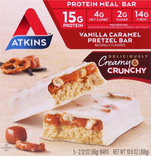 Atkins Vanilla Caramel Pretzel Protein Meal Bar High Fiber 2g Sugar 4g Net Carbs Meal Replacement Keto Friendly 5 Count