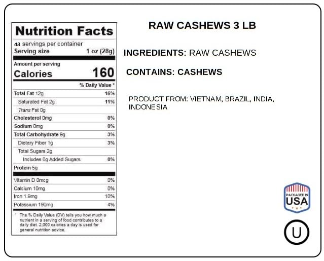 Jaybee’s Raw Whole Cashew Nuts 3 LB Bulk Resealable Bag – Natural Unsalted Cashews – Vegan Keto &amp Gluten-Free Snack for Cooking Baking &amp Snacking