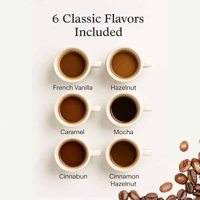 Flavored Coffee Sample Pack – 6 Medium Roast Coffees (French Vanilla Hazelnut Cinnabun Caramel Mocha Cinnamon Hazelnut) 6 x 2 oz (12 oz Total) – Kilan Coffee