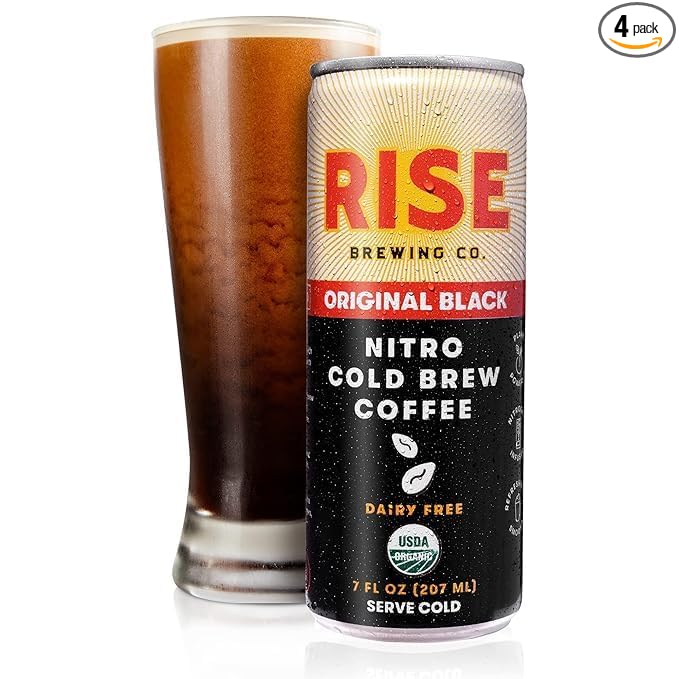 RISE Brewing Co. | Original Black Nitro Cold Brew Coffee | Sugar and Gluten-Free Vegan | Organic &amp Non-GMO | Low Acidity | 7 fl. oz. Cans (4 Pack)