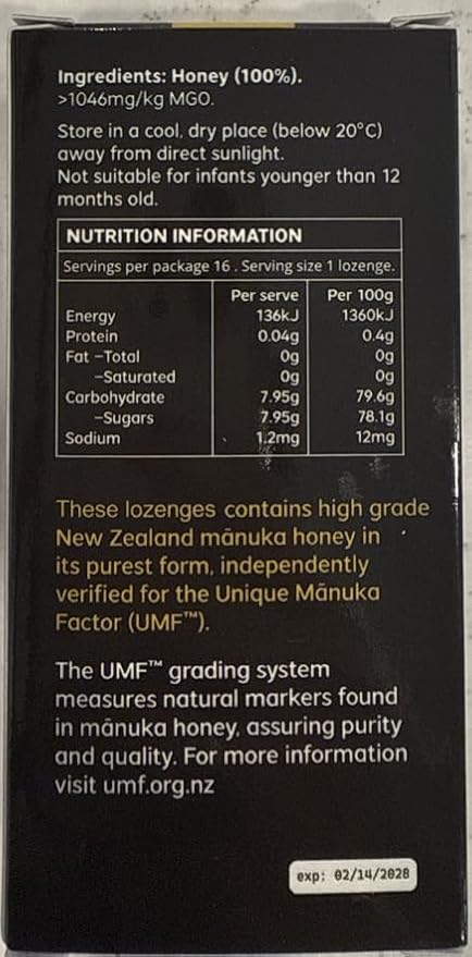 Manuka Honey Lozenges 16 Count Made W/UMF 20+ MGO 1046 New Zealand Manuka Honey UMF Certified Monofloral Traceable from Hive to Hand