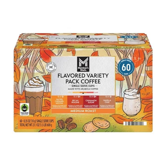 Member Mark Fall Flavored Coffee Pods Variety Pack 60 Count – Salted Caramel Mocha Pecan Praline Cinnamon Sugar Vanilla Chai