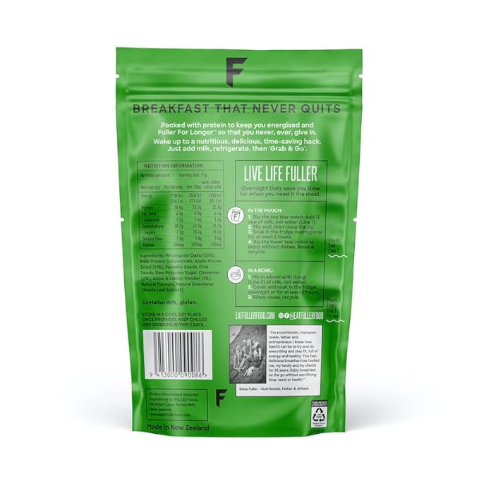Delicious High Protein Overnight Oats - Nutritionist Designed FULLER For Longer With Low Sugar High Fiber &amp Premium Slow Release Casein - Ziplock Portable - Glyphosate Free Oatmeal - Grab &amp G