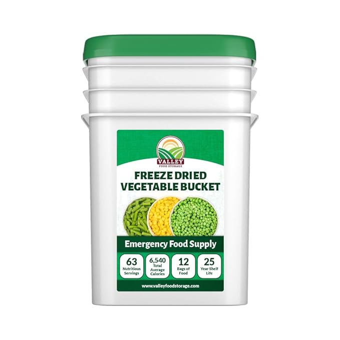 Valley Food Storage Freeze Dried Vegetable Bucket | 12 Pouches Mixed Vegetables | Premium Emergency Food Supply 25 Year Shelf Life | Survival Food for Camping Prepper Storage &amp Off-Grid Living