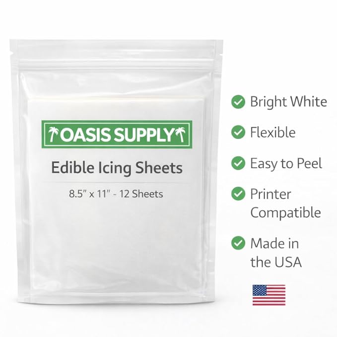 Oasis Supply Ultra Flexible Edible Icing Sheets – 12 Premium Frosting Sheets 8.5 x 11 Printable Edible Paper for Edible Ink Printers Cake Toppers Edible Images &amp Photo Cakes – Bright White Print