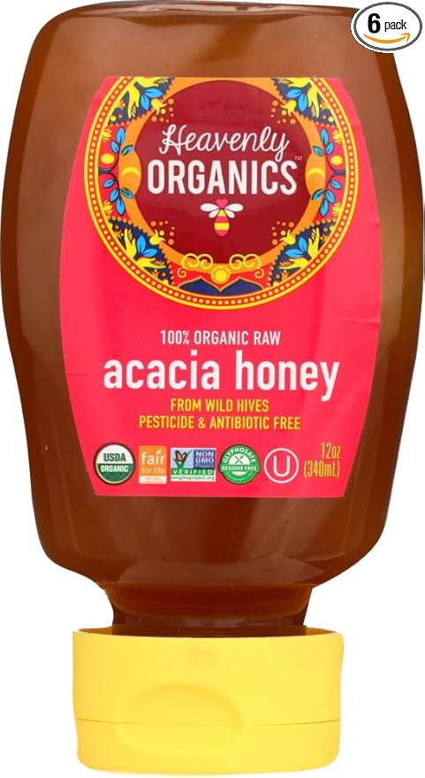 Heavenly Organics 100% Organic Raw Acacia Honey 6 Pack - Size 12Oz/Jar Lightly Filtered to Preserve Vitamins Minerals and Enzymes Made from Wild Beehives &amp Free Range Bees Dairy Nut Gluten Fr