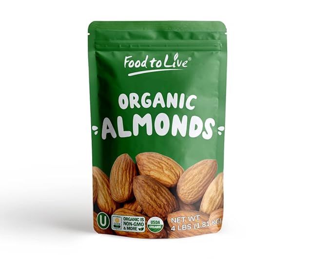 Food to Live Organic Dry Roasted Almonds 4 Pounds – Non-GMO Unsalted Vegan Keto Paleo Kosher Bulk High in Protein Dietary Fiber Vitamin E Copper Manganese Magnesium and Riboflavin.