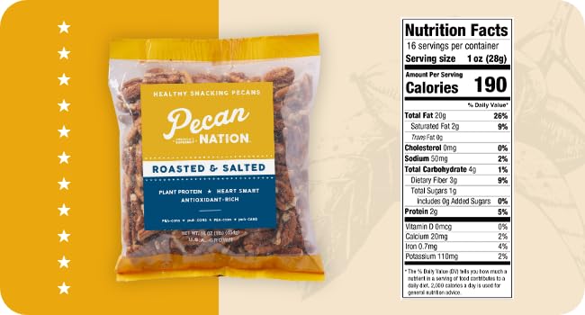 Pecan Nation Roasted &amp Salted Georgia Pecan Halves 16 oz. Natural No preservatives Antioxidant-Rich Low Carb Dry Roasted Healthy Nut Snack for Adults and Kids (2 Pack)