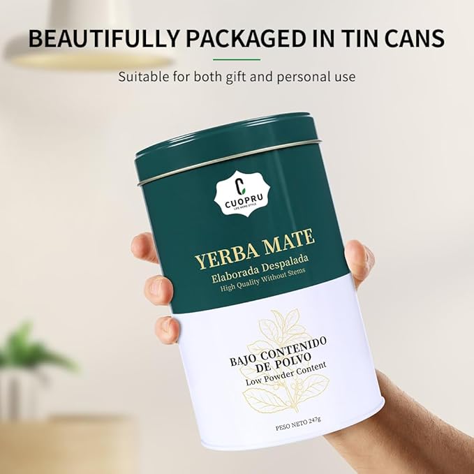 Yerba Mate CUOPRU Traditional Argentinian Mate Tea Low Tea Powder Original Leaves without Stems Included Portable Storage Container(Green Traditional)