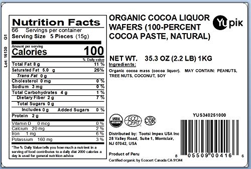 Yupik Organic Cocoa Liquor Wafers 100% Cocoa 2.2 lb (35.2 oz) Gluten-Free GMO-Free Kosher Vegan Dairy-Free No Sugar Added Made with Pure Cacao Melts Smoothly For Baking Molding &amp Coati