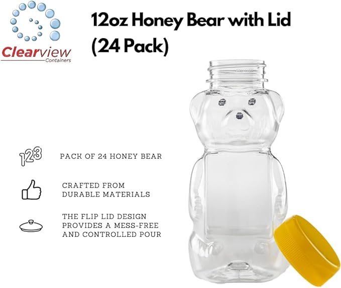 24 Pack of 12 Ounce Clear Honey Bears with Sealable Yellow Flip Top Lids (12 oz. Clear Bear 24pk Yellow)