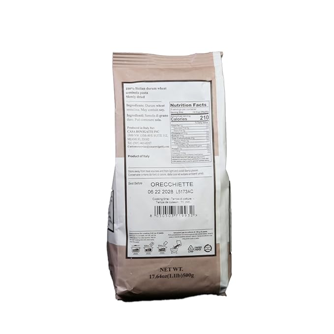 Casa Rovigatti Orecchiette 100% Italian Durum Wheat Semolina Pasta Bronze Extruded Artisanal 17.64 oz 4 Pack