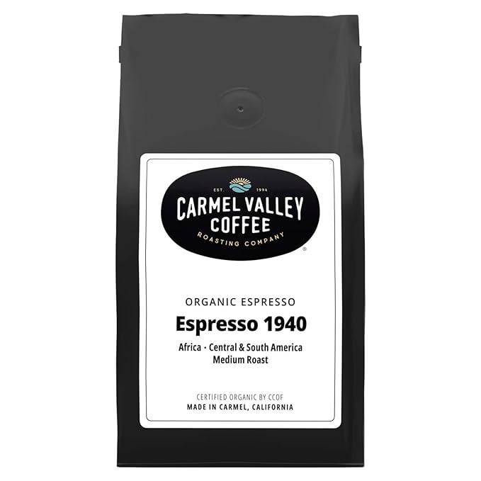 Carmel Valley Coffee Roasting Espresso 1940 – Organic Medium Roast Africa Central &amp South America - Notes of Dried Berries Toasted Nuts &amp Baker’s Chocolate Whole Bean Coffee 12 Oz Bag