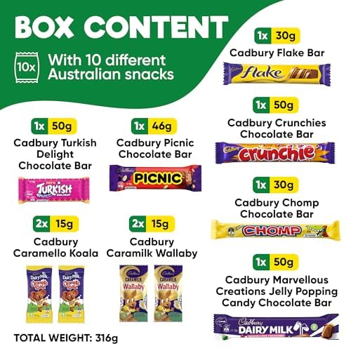Cadbury Chocolate Box 10-Pack – A Delicious Assortment of Australian Favorites Including Flake Crunchie Turkish Delight Picnic and More – 316g of Classic Cadbury Chocolates