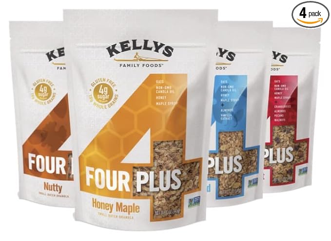 Kellys Four Plus Granola Cereal | Variety Granola for Yogurt | Hand Made Snacks for Breakfast - 12 oz (Pack of 4)