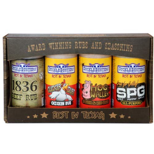 SuckleBusters Texas BBQ Rub Gift Box: Best BBQ Rubs for All-Purpose Beef Chicken Pork &amp Fish Grilling and Smoking Gluten-Free No MSG Shaker (4 Pack Set)
