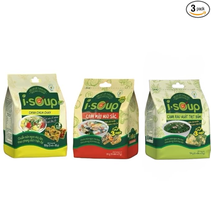 Set 3 Canh I-Soup Vietnamese Instant Soup Mix Variety Pack Vegetarian Canh Chua Chay Canh May Ngu Sac Canh Rau Ngot 3 Flavors