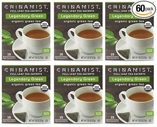 China Mist - Legendary Green Organic Full Leaf Tea Sachet 15 count box - Biodegradable and Individually Wrapped (6 Pack)