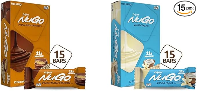 NuGo Protein Bar Peanut Butter Chocolate 11g Protein 170 Calories 15 Count and Vanilla Yogurt 11g Protein 170 Calories 15 Count