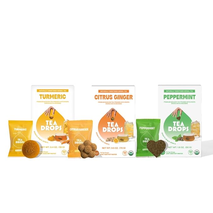 Tea Drops Herbal Trio Gift Set Sampler | Dissolvable Bagless Loose Leaf Tea | Iced or Hot | Caffeine Free Naturally Sweetened Peppermint Turmeric Citrus Ginger | 10 Per Flavor - 30 Servings