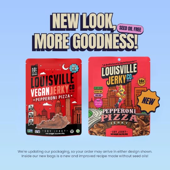 Louisville Vegan Jerky – Pepperoni Pizza Vegan and Vegetarian Friendly Meat - Lip-Smacking Jerky - Gluten-Free High Protein Vegan Snacks 19 grams of Non-GMO Soy Protein - 3 oz 5 Pack