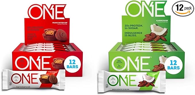 ONE Protein Bars Peanut Butter Cup Gluten Free Protein Bar with 20g Protein and only 1g Sugar &amp Protein Bars Almond Bliss Gluten Free Protein Bars with 20g Protein and only 1g Sugar Guilt-Fre