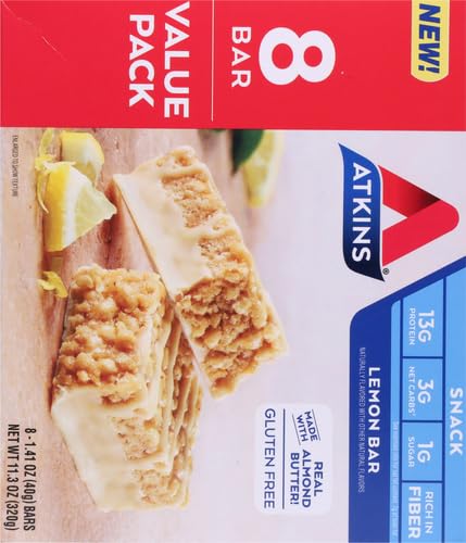 Atkins Lemon Snack Bar Made with Real Almond Butter 1g Sugar Gluten Free High in Fiber Keto Friendly 8 Count