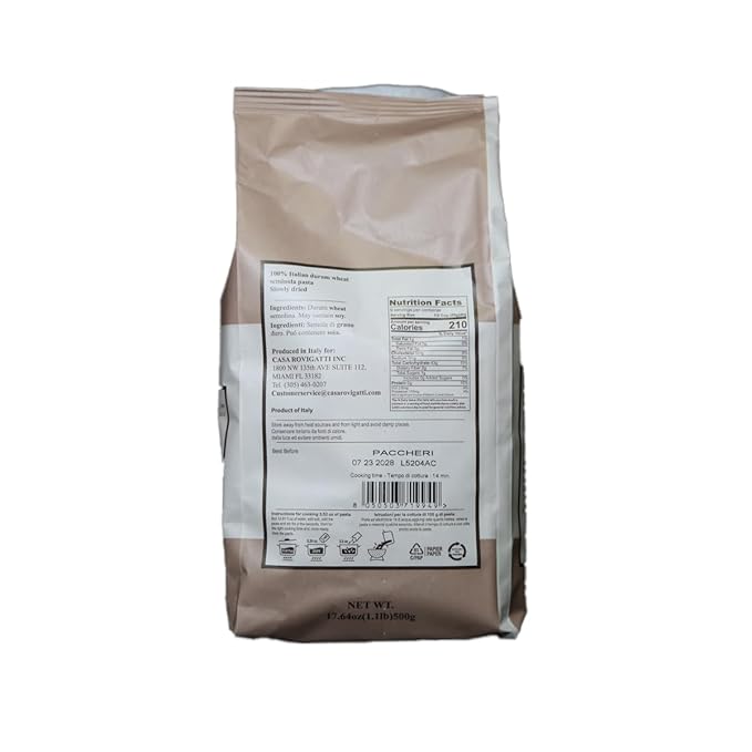 Casa Rovigatti Premium Italian Paccheri Pasta Bronze Extruded 100% Durum Wheat Semolina 17.64 oz (1.1 lb) 4 Pack