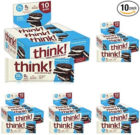 think! Protein Bars High Protein Snacks Gluten Free Sugar Free Energy Bar with Whey Protein Isolate Cookies and Crème Nutrition Bars without Artificial Sweeteners 2.1 Oz (10 Count) (Pack of 5)