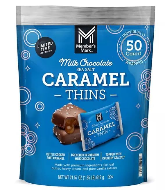 Members Mark Milk Chocolate Sea Salt Caramel Thins 50 Count – Individually Wrapped Gourmet Caramel Candy Thins with Rich Milk Chocolate &amp Sea Salt Perfect for Sharing or Gifting