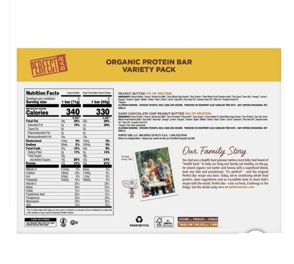 Perfect Bar Organic Protein Bars Variety Pack 12 Count | 15g Protein 20 Superfoods | Gluten Free Non-GMO Kosher | Healthy Refrigerated Snack Bars | Peanut Butter Dark Chocolate