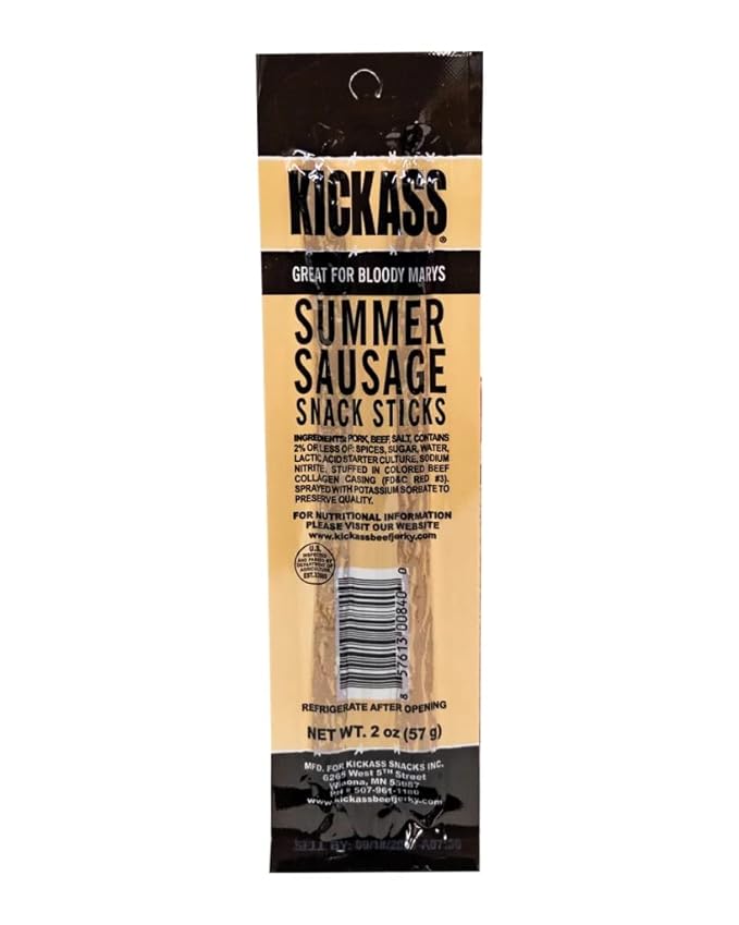 Kickass Summer Sausage Meat Sticks 16ct Case - 2oz Twin Packs of Pork and Beef Jerky Snack Sticks - Beef Stick Meat Snacks - Jerky Sticks
