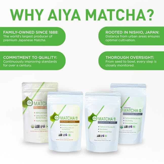 Aiya Certified USDA Japanese Organic Ceremonial Grade Matcha Green Tea Powder - Gluten-Free Non-GMO - 100g Bag (3.53 oz.)